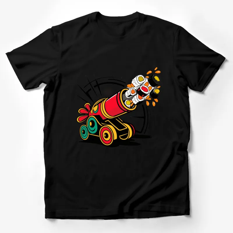 Funky Sushi Cannon Graphic T-Shirt, Colorful Sushi Launch Design, Unique Foodie Tee, Gift for Sushi Lovers Male T-Shirt