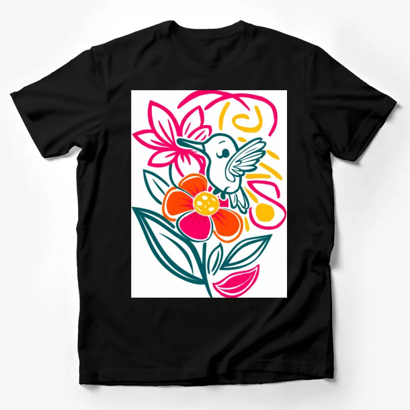 Colorful Hummingbird and Floral Design T-Shirt, Vibrant Nature Inspired Tee for All Ages Male T-Shirt