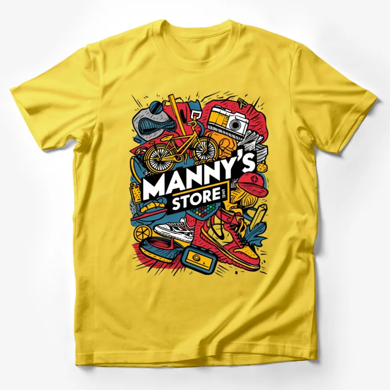 Vintage Pop Culture T-Shirt, Colorful Retro Graphic Tee, Unisex Fashion Top, Manny's Store Design Male T-Shirt