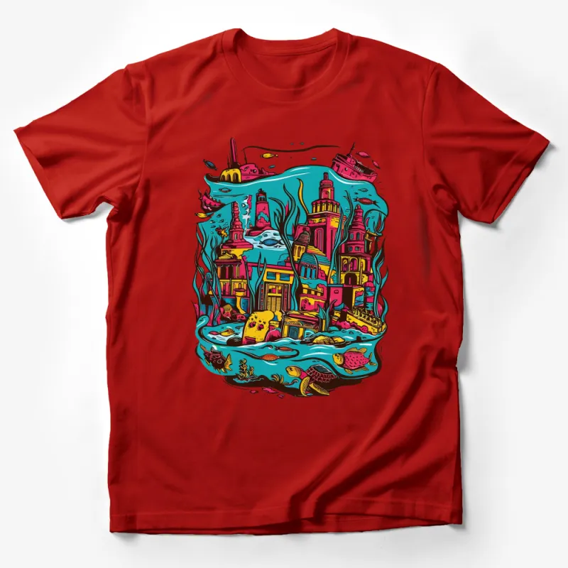 Colorful Underwater City Graphic T-Shirt, Ocean Themed Tee, Vibrant Sea Life and Architecture Illustration Male T-Shirt