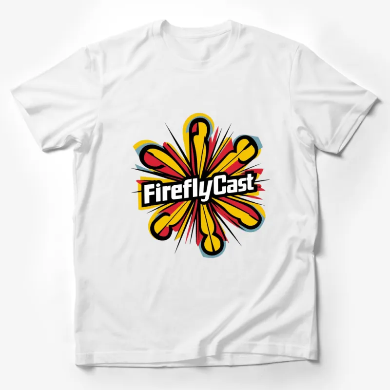 FireflyCast Graphic T-Shirt, Bold Yellow and Red Comics Style Design, Unisex Fashion Tee Male T-Shirt