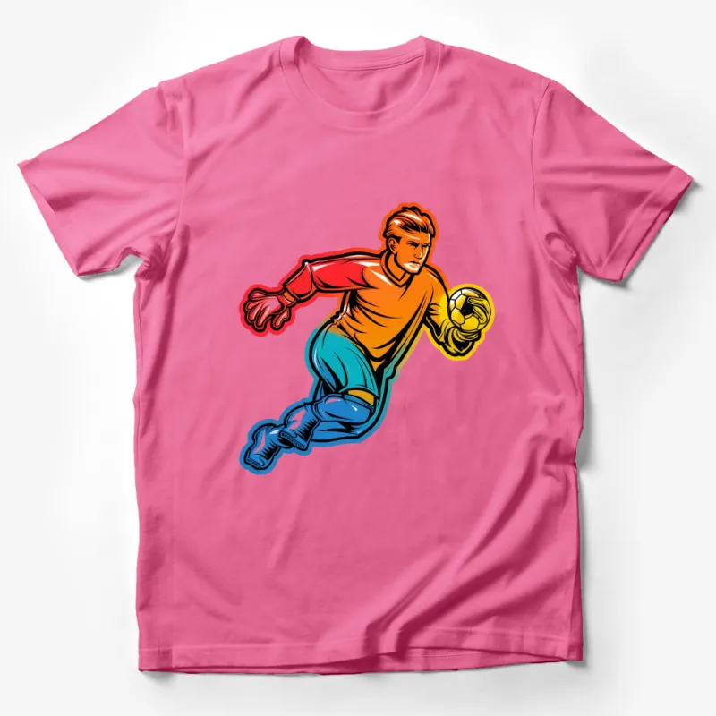 Dynamic Soccer Goalkeeper Diving Save Graphic T-Shirt, Vibrant Athletic Apparel, Gift for Soccer Fans Male T-Shirt