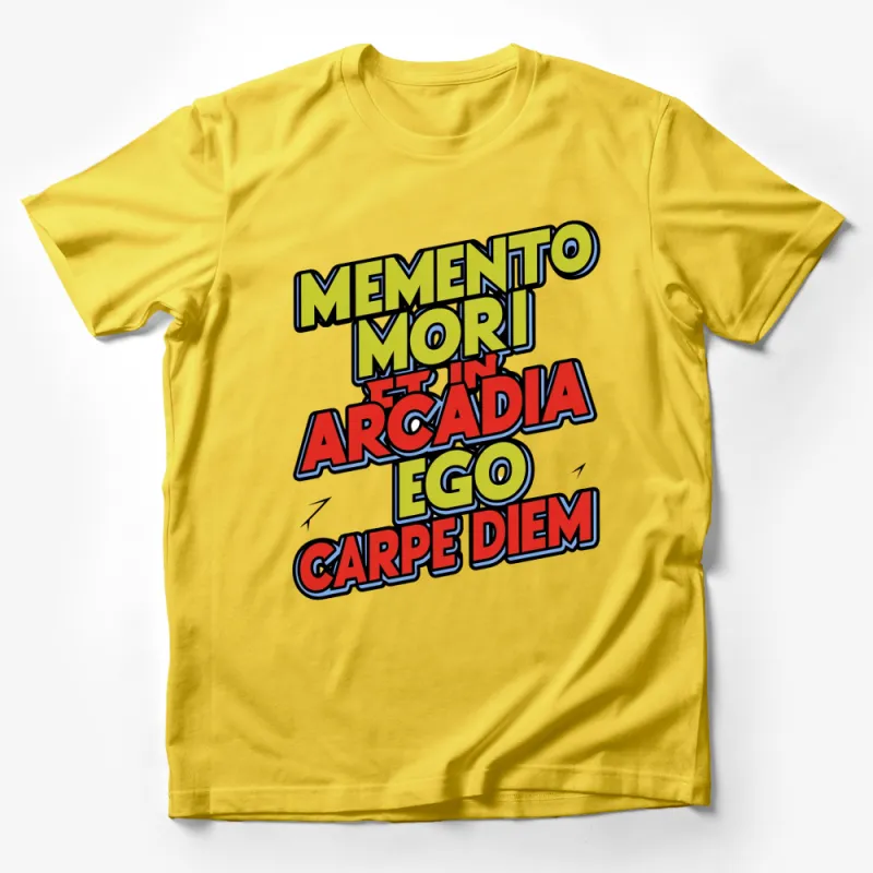 Memento Mori In Arcadia Ego Carpe Diem Quote T-Shirt, Colorful Retro Graphic Tee, Inspirational Latin Phrases Male T-Shirt