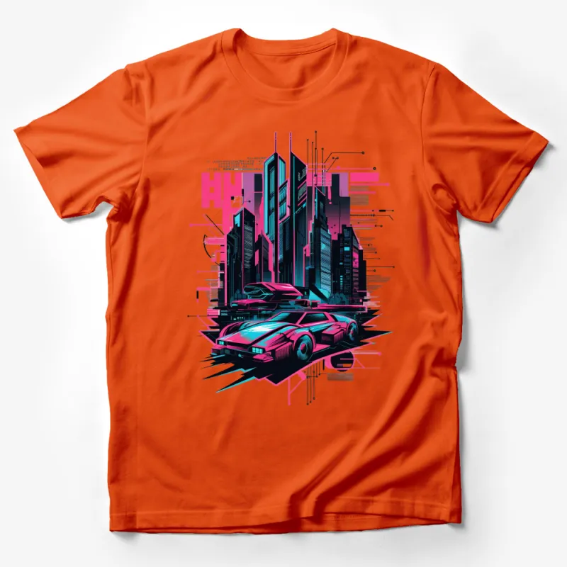 Retro Futuristic Cityscape T-Shirt, Neon Pink Cyberpunk Car Graphic Tee, Unisex Urban Streetwear, Trendy Fashion Top Male T-Shirt