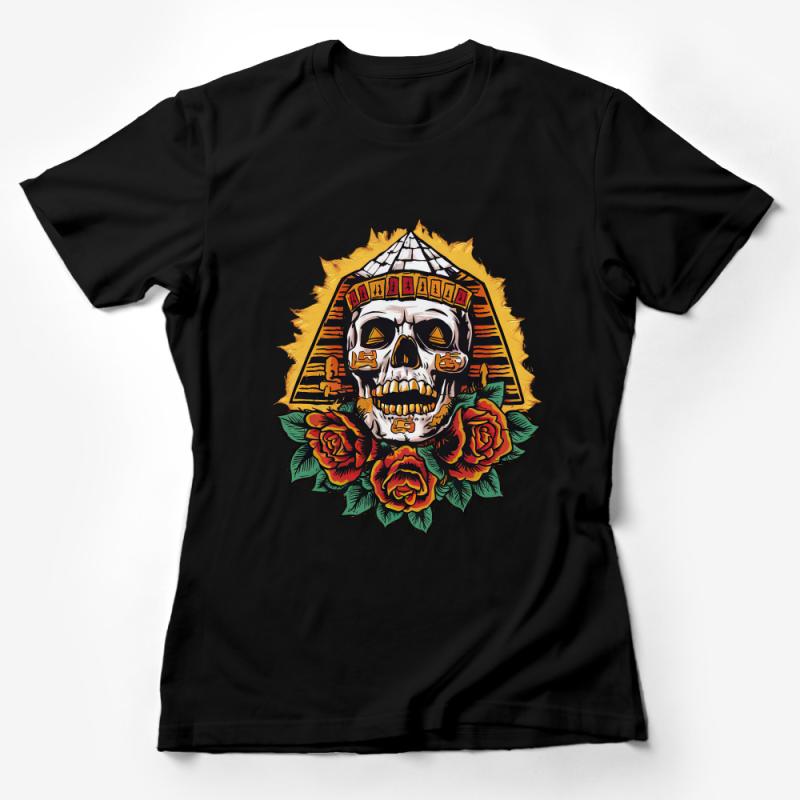 Skull Pyramid Graphic Tee, Ancient Egypt Artwork T-Shirt, Mystical Floral Skull, Unique Illustrated Men's and Women's Shirt Female T-Shirt