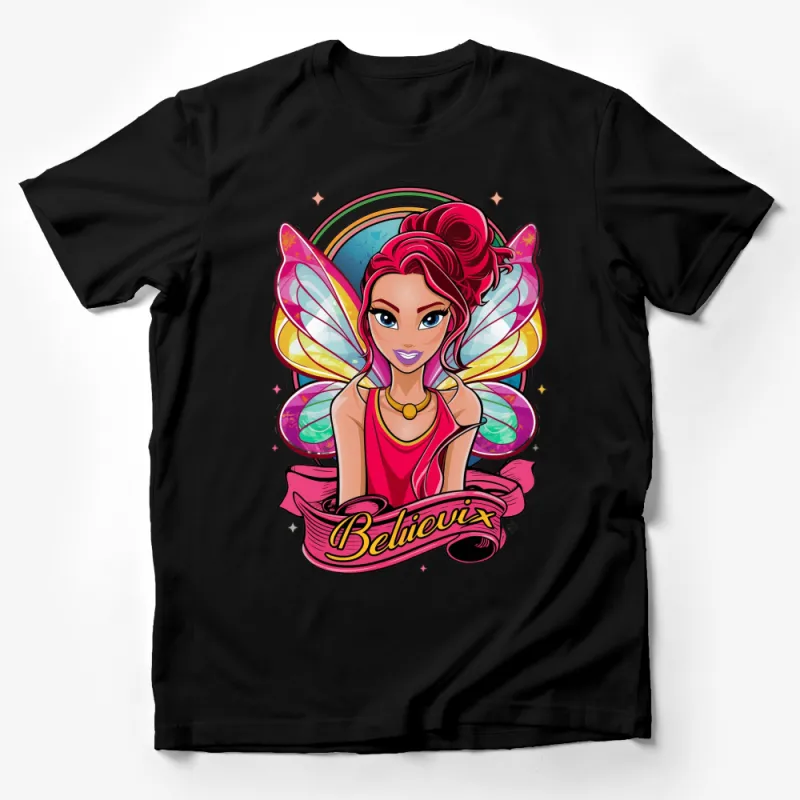 Colorful Fairy T-Shirt for Women, Magical Girl with Wings Graphic Tee, Unique Fantasy Apparel Male T-Shirt