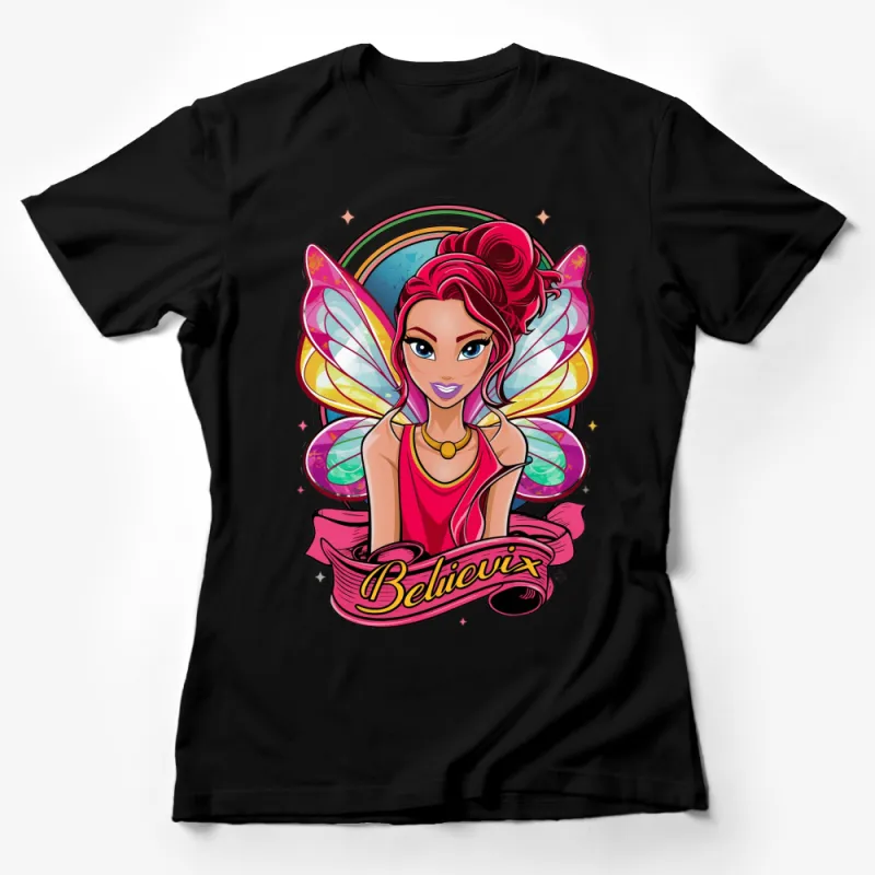 Colorful Fairy T-Shirt for Women, Magical Girl with Wings Graphic Tee, Unique Fantasy Apparel Female T-Shirt