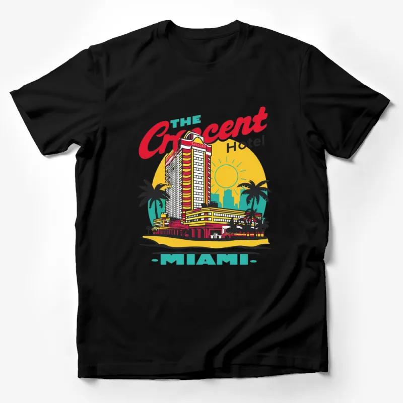 Vintage Miami Crescent Hotel Graphic T-Shirt, Retro Florida Beach Tee, Summer Vacation Shirt, Souvenir Apparel Male T-Shirt