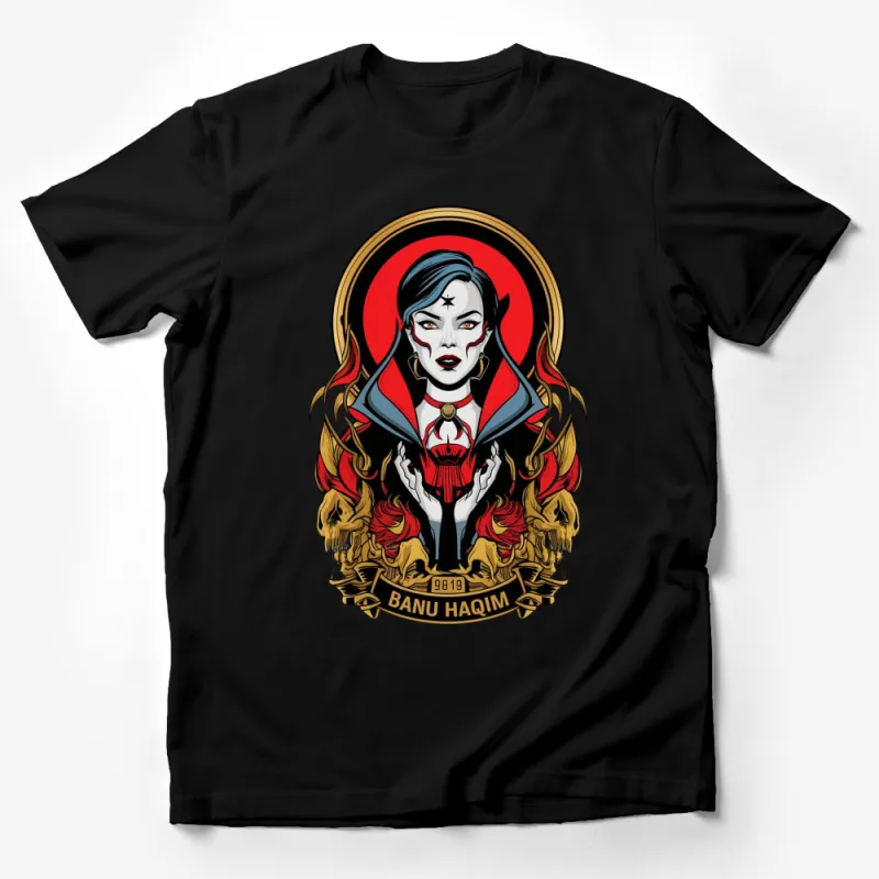 Gothic Vampire Graphic Tee, Banu Haqim Illustration, Red and Gold Flames, Dark Fantasy Art T-Shirt, Unique Vampire Lover Gift Male T-Shirt