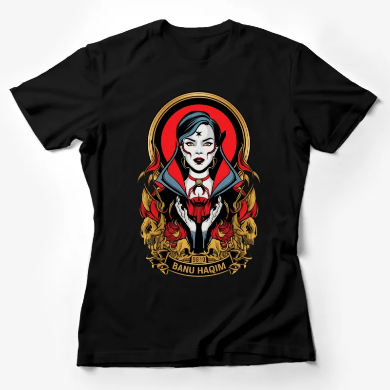 Gothic Vampire Graphic Tee, Banu Haqim Illustration, Red and Gold Flames, Dark Fantasy Art T-Shirt, Unique Vampire Lover Gift Female T-Shirt