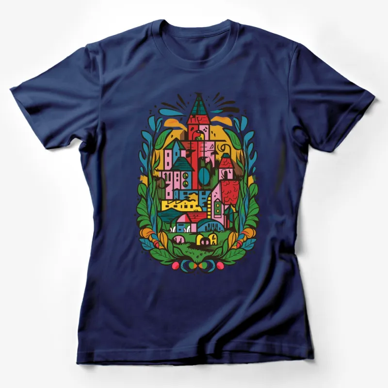 Colorful Fantasy Village Illustration T-Shirt, Artistic Graphic Tee, Unisex Apparel Female T-Shirt