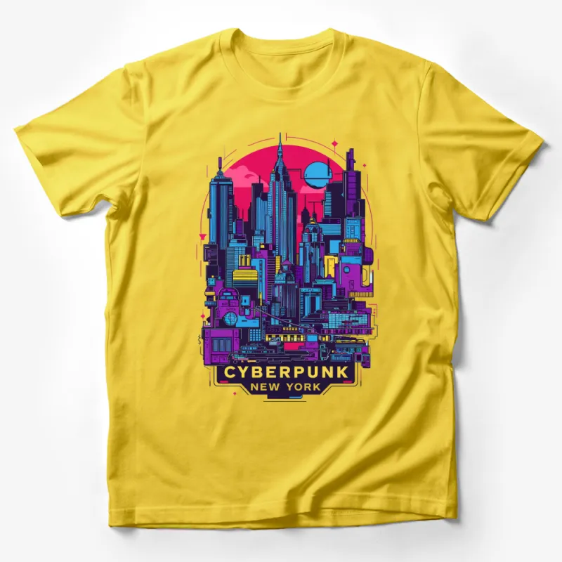 Cyberpunk New York City Skyline Graphic T-Shirt, Futuristic Urban Tee, Colorful Neon Cityscape Shirt Male T-Shirt