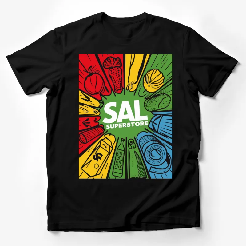 Colorful Vintage Sal's Superstore Graphic T-Shirt, Retro Comic Art Style Tee, Unisex Male T-Shirt