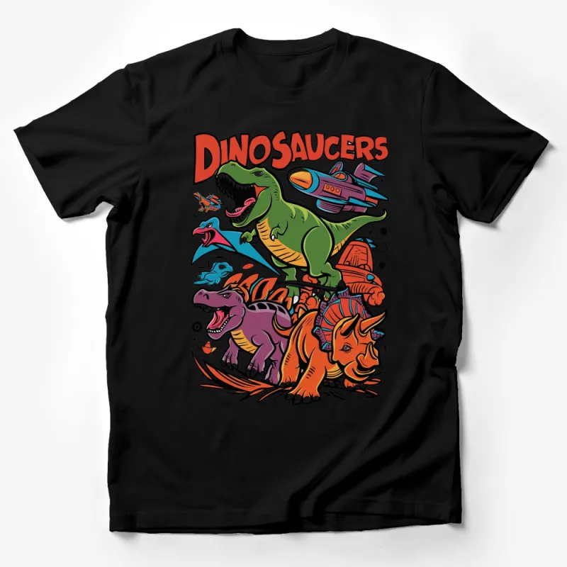 Colorful Dinosaucers Graphic T-Shirt, Retro Dinosaur Space Tee, Fun Kids and Adult Sizes, Unique Gift Male T-Shirt