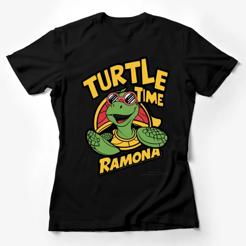 Turtle Time Ramona Cartoon Graphic Tee, Fun Green Turtle with Sunglasses T-Shirt, Unisex Female T-Shirt