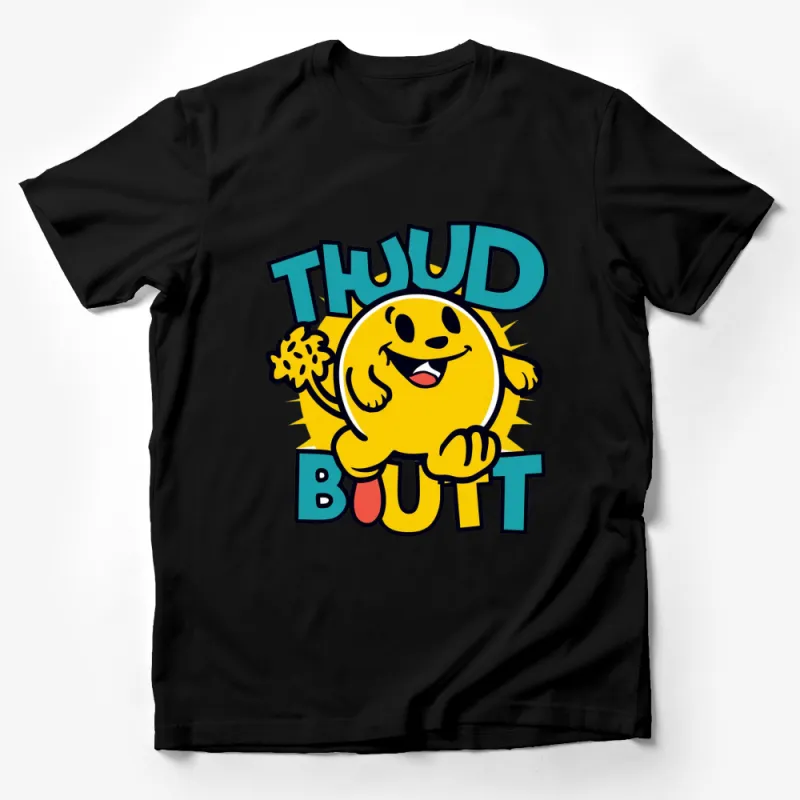 Cartoon Yellow Smiley Face Thud Butt Graphic T-Shirt, Fun Pop Art Style Tee for All Ages Male T-Shirt