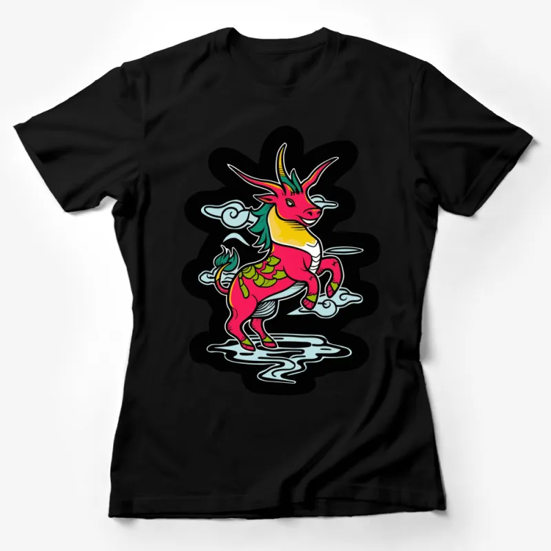 Colorful Unicorn Goat Hybrid Graphic T-Shirt, Mythical Creature Tee, Unique Fantasy Animal Shirt Female T-Shirt