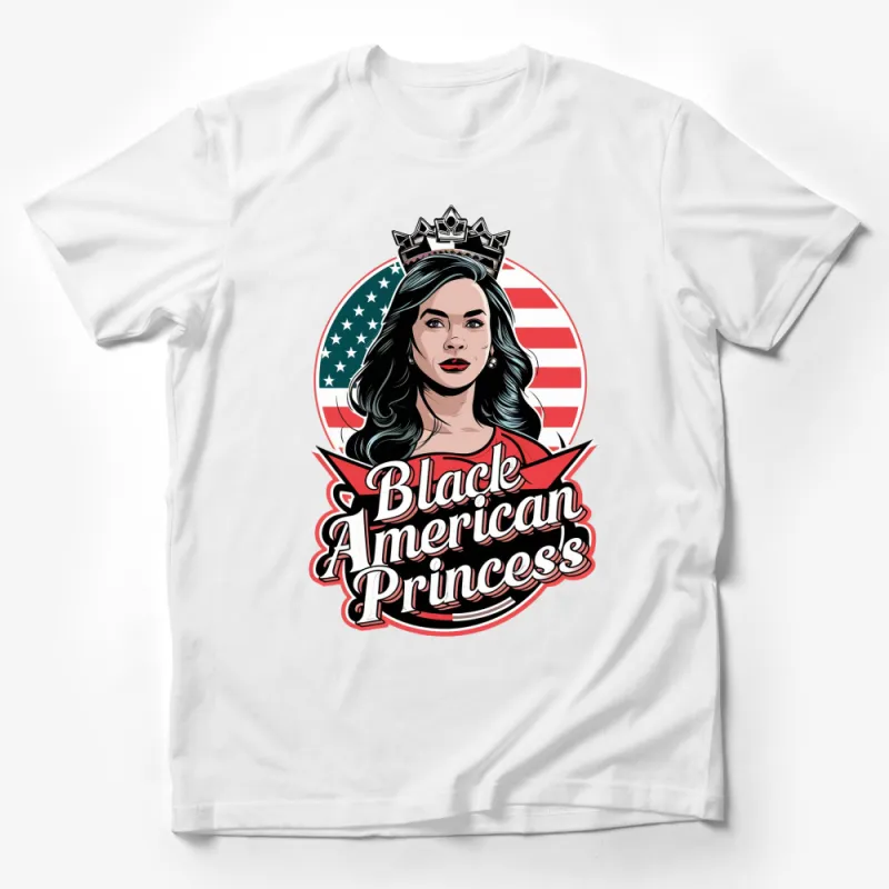 Black American Princess T-Shirt, Patriotic Crown Graphic Tee, USA Flag Women's Fashion Top Male T-Shirt