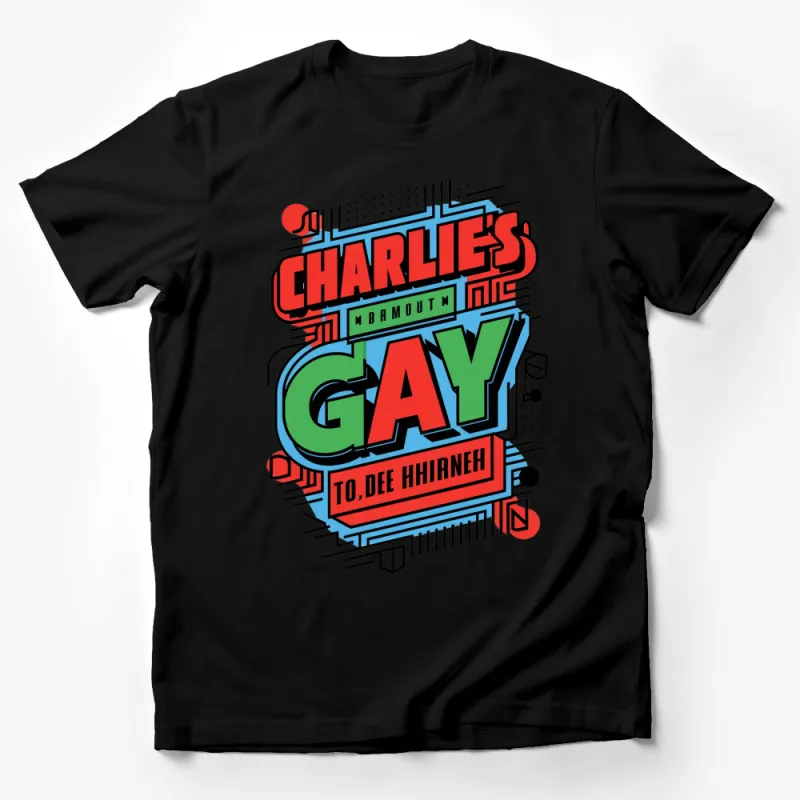 Charlie's Gay Bold Graphic T-Shirt, Colorful Retro Style Tee, Eye-Catching Pride Statement Top Male T-Shirt