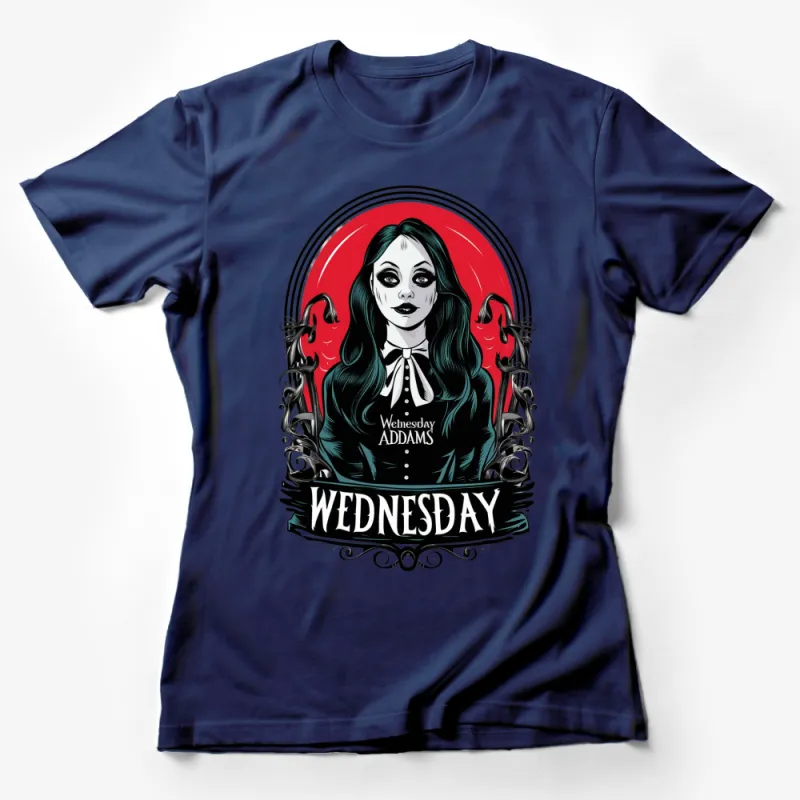 Wednesday Addams Inspired T-Shirt, Gothic Portrait Art Tee, Halloween Costume Shirt, Red and Black Female T-Shirt