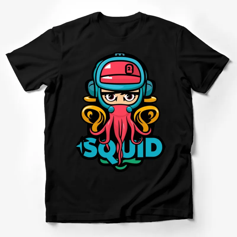 Cartoon Squid with Red Cap and Helmet Graphic T-Shirt, Cute Squid Design, Unisex Tee, All Sizes Available Male T-Shirt