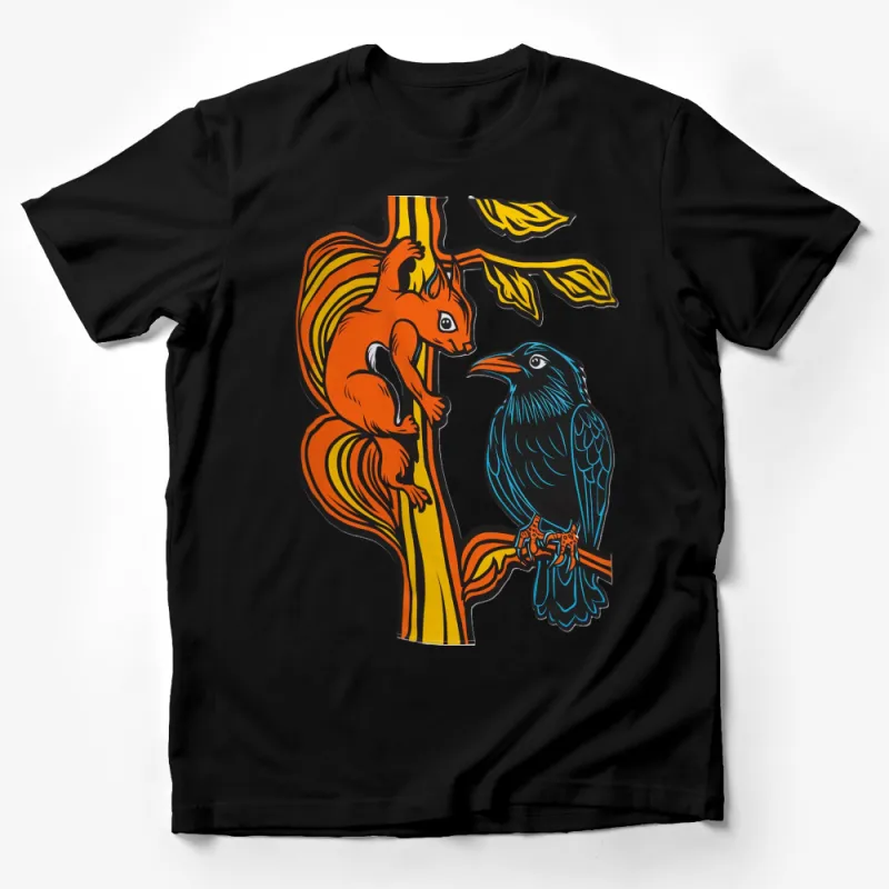 Vibrant Squirrel and Bird Artwork T-Shirt, Colorful Nature Inspired Graphic Tee, Unisex Fashion Male T-Shirt