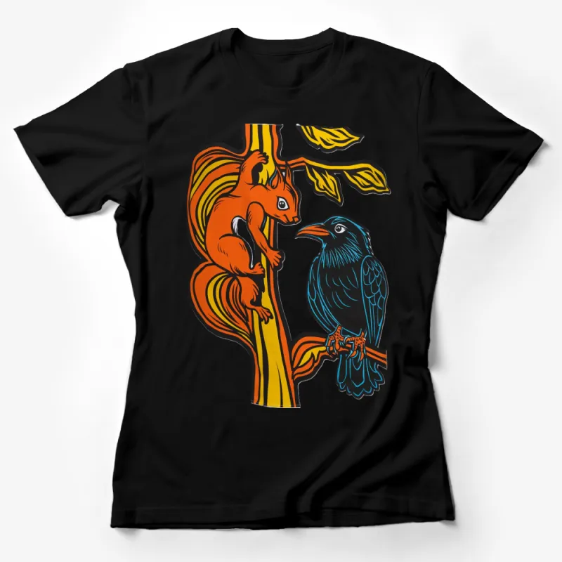 Vibrant Squirrel and Bird Artwork T-Shirt, Colorful Nature Inspired Graphic Tee, Unisex Fashion Female T-Shirt