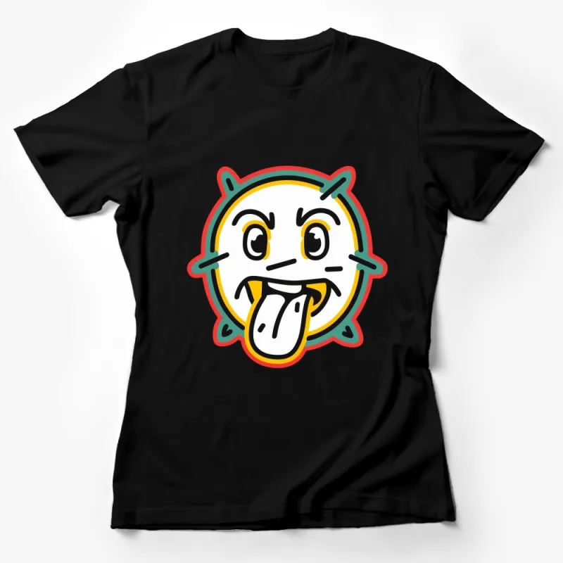 Funky Tongue Out Emoji T-Shirt, Colorful Outline, Cool Face Graphic Tee, Unisex Female T-Shirt