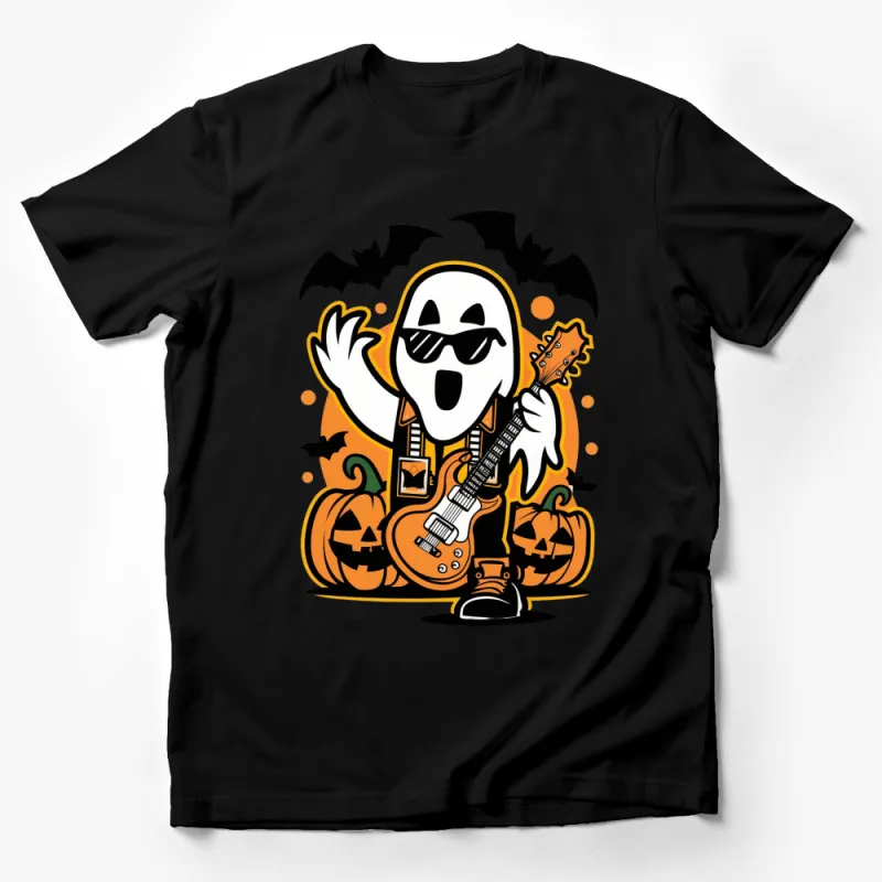 Halloween Ghost Guitarist T-Shirt, Spooky Bat and Pumpkin Graphic Tee, Fun October Apparel Male T-Shirt