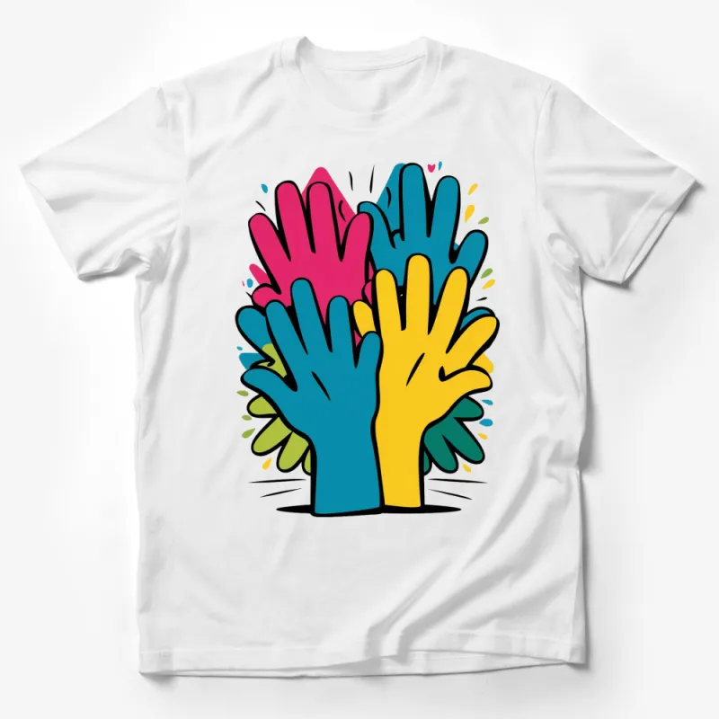 Colorful Hand Illustration T-Shirt, Vibrant Artistic Handprint Graphic Tee, Unisex Fashion Male T-Shirt