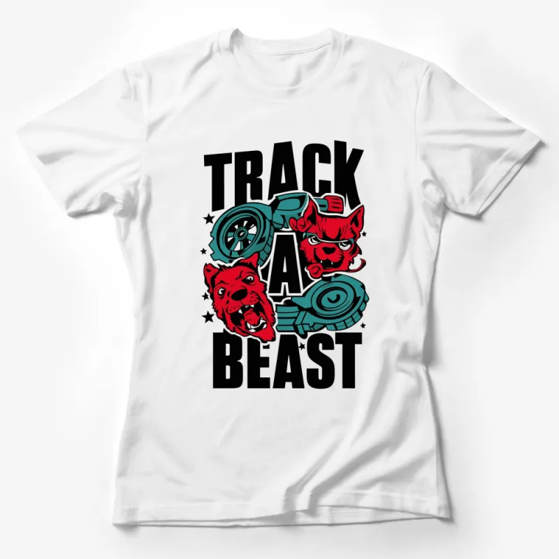 Track A Beast Graphic T-Shirt, Bold Red and Black Design, Cool Animal and Auto Fusion Tee Female T-Shirt