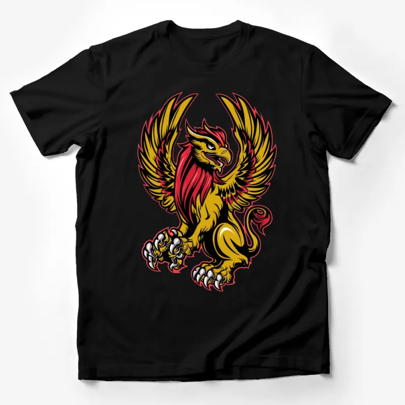 Mythical Griffin Graphic T-Shirt, Bold Red and Yellow Design, Fantasy Creature Tee, Unisex Male T-Shirt