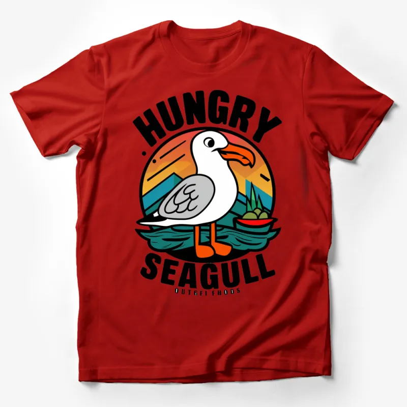 Hungry Seagull Graphic T-Shirt, Bold Colorful Beach Bird Design Tee, Unisex Casual Wear Male T-Shirt