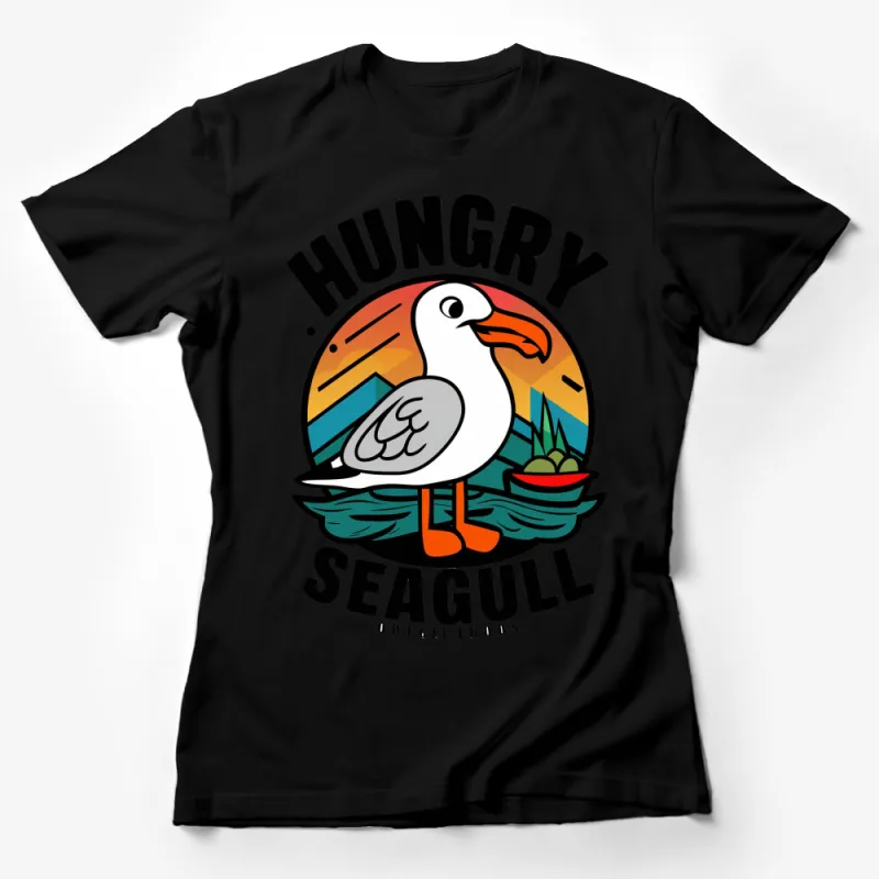 Hungry Seagull Graphic T-Shirt, Bold Colorful Beach Bird Design Tee, Unisex Casual Wear Female T-Shirt