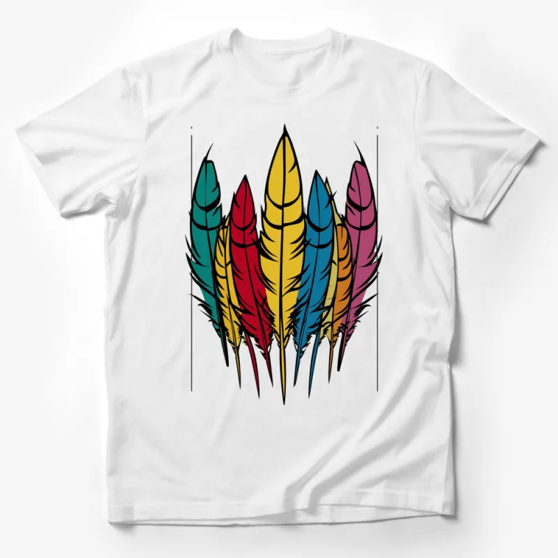 Colorful Feather Print T-Shirt, Unisex Graphic Tee, Boho Style Casual Wear Male T-Shirt