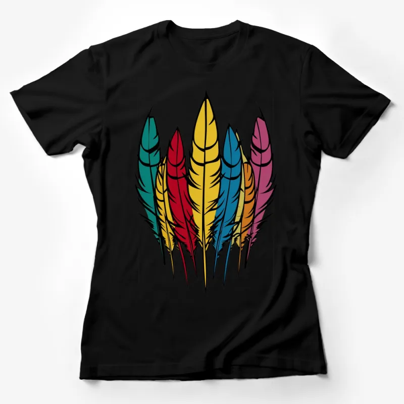 Colorful Feather Print T-Shirt, Unisex Graphic Tee, Boho Style Casual Wear Female T-Shirt