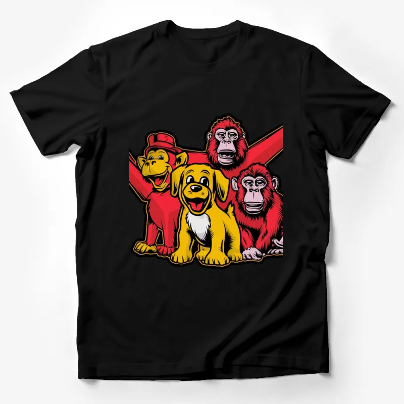 Colorful Animal T-Shirt Featuring Smiling Monkey, Dog, and Chimps Male T-Shirt