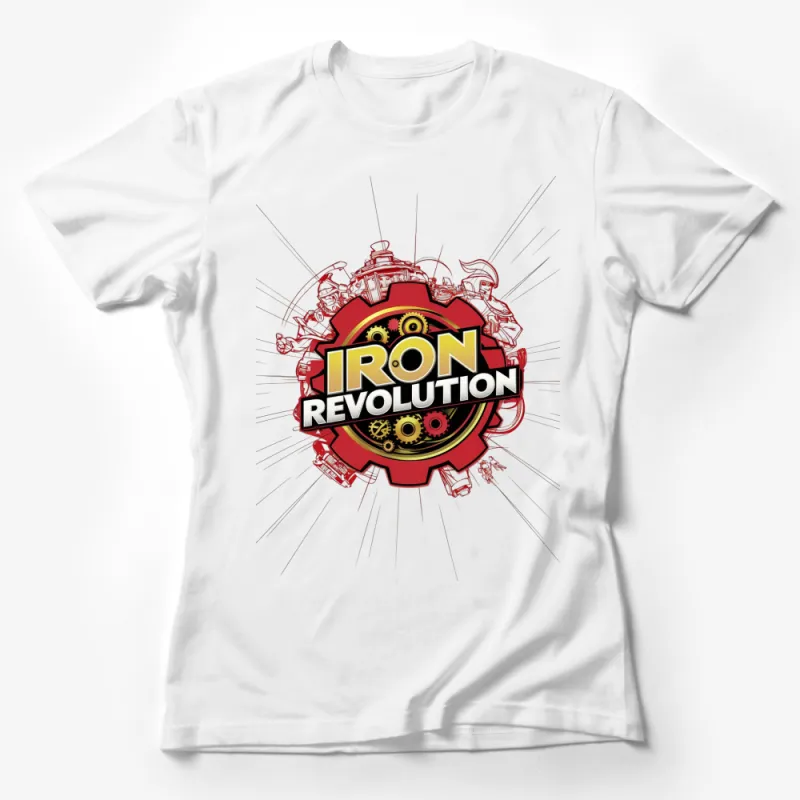 Iron Revolution Graphic T-Shirt, Retro Style Robot Theme, Red and White Tee Female T-Shirt