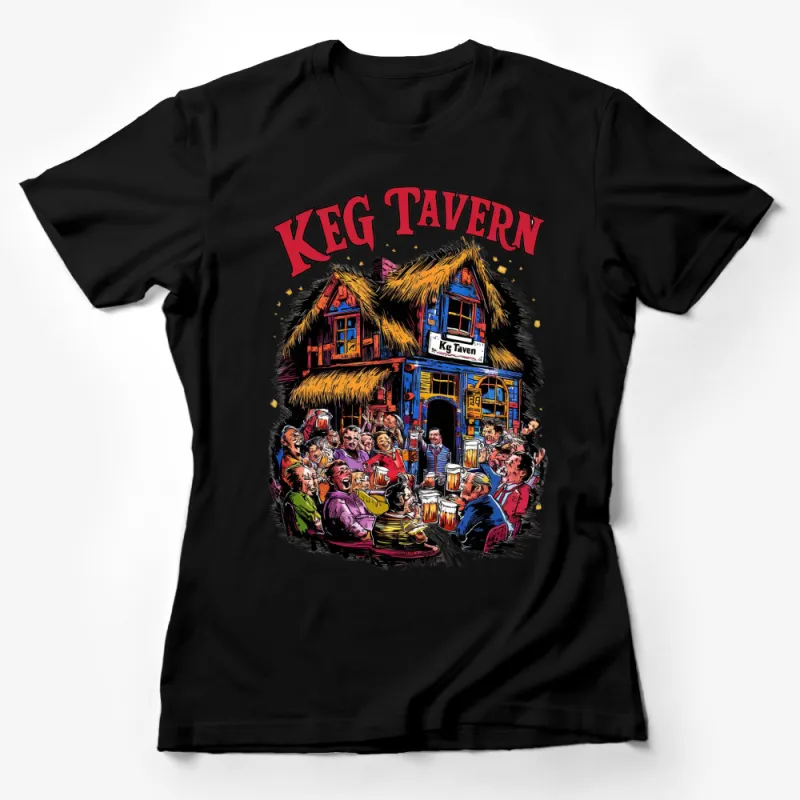 Keg Tavern Vintage Pub Scene T-Shirt, Colorful Bar Gathering Graphic Tee, Unisex Party Wear Female T-Shirt