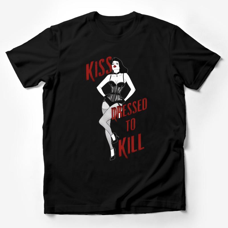 Women's Retro Pin-Up Art T-Shirt, KISS Dressed To Kill, Vintage Style Tee, Rockabilly Fashion, Unique Graphic Shirt, Gift for Her Male T-Shirt