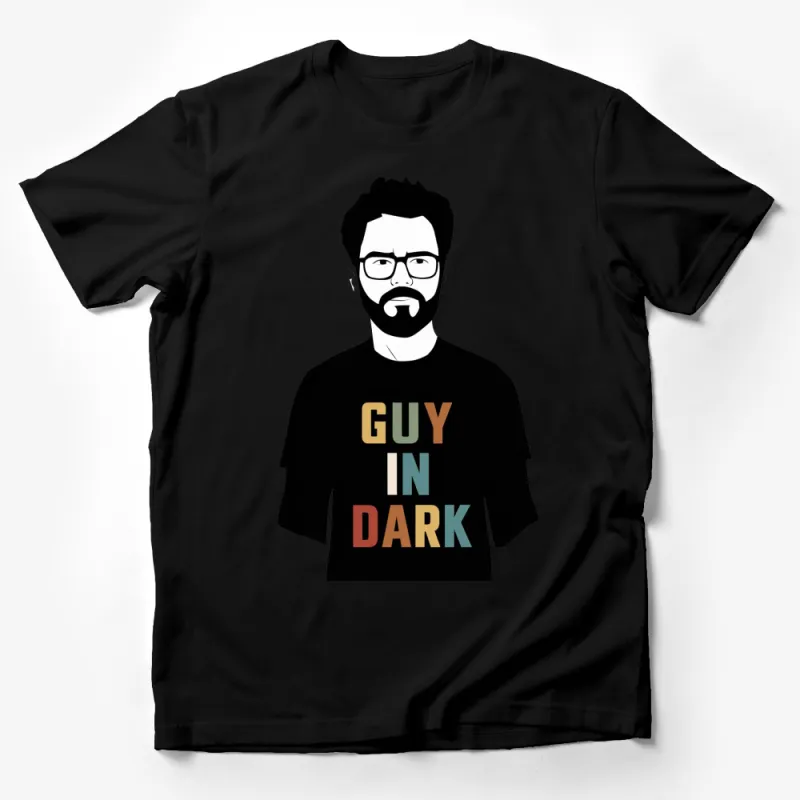 Guy in Dark Graphic T-Shirt, Stylish Bold Text Design, Casual Menswear Male T-Shirt