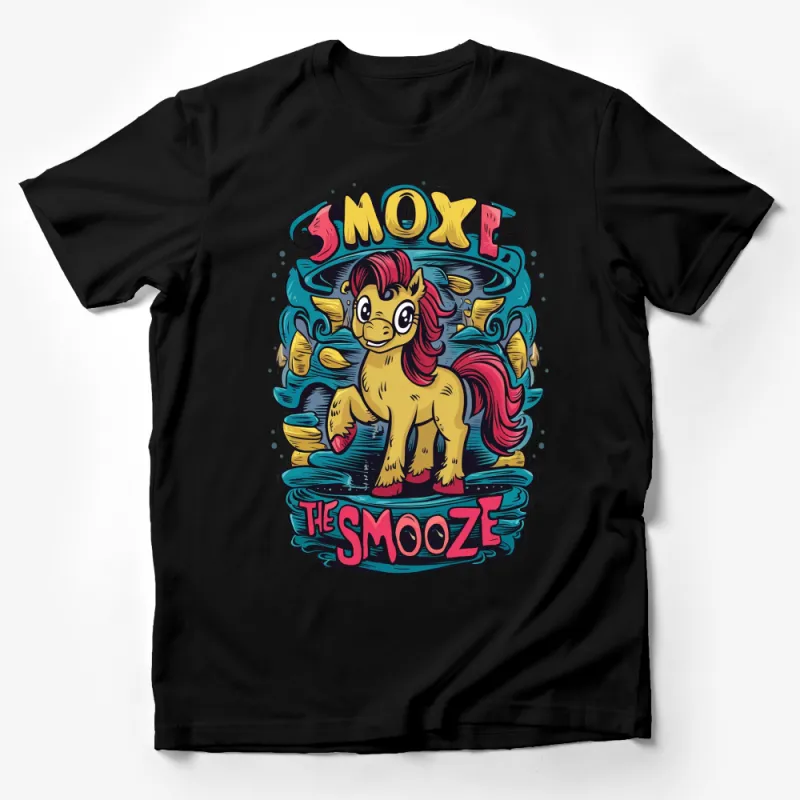 Colorful Cartoon Pony T-Shirt, Fun Kids Fantasy Horse Graphic Tee, Unique Smooze Design Top Male T-Shirt