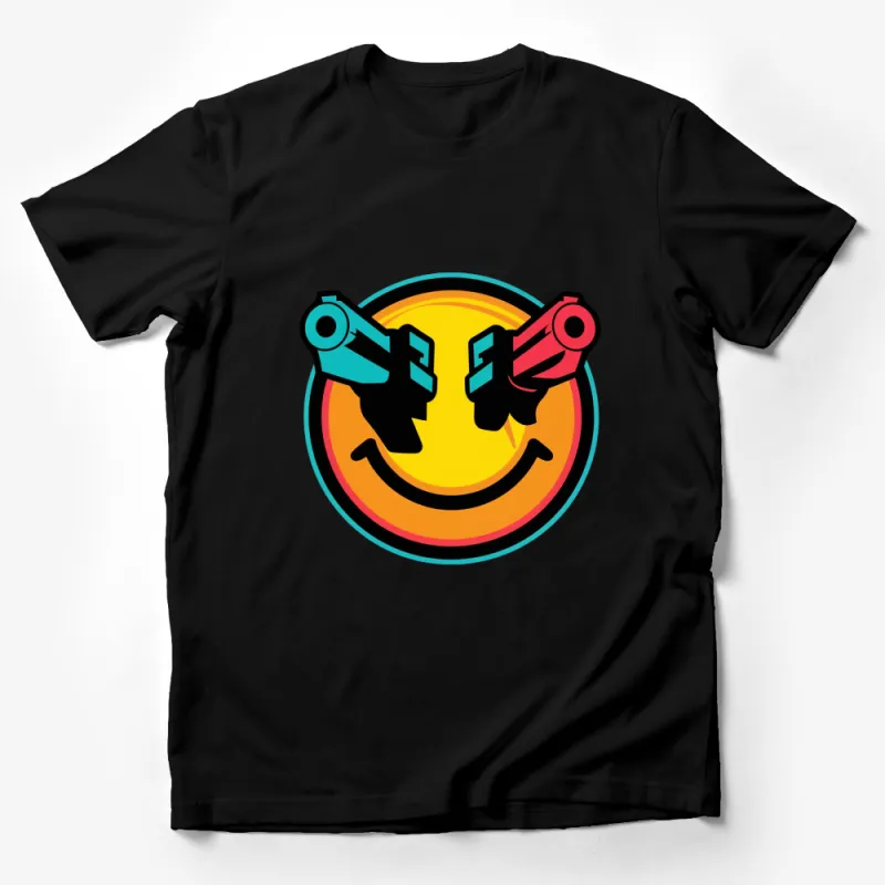 Retro Smile Face with Pistols T-Shirt, Colorful Graphic Tee, Unisex Casual Streetwear, Vintage Inspired Male T-Shirt