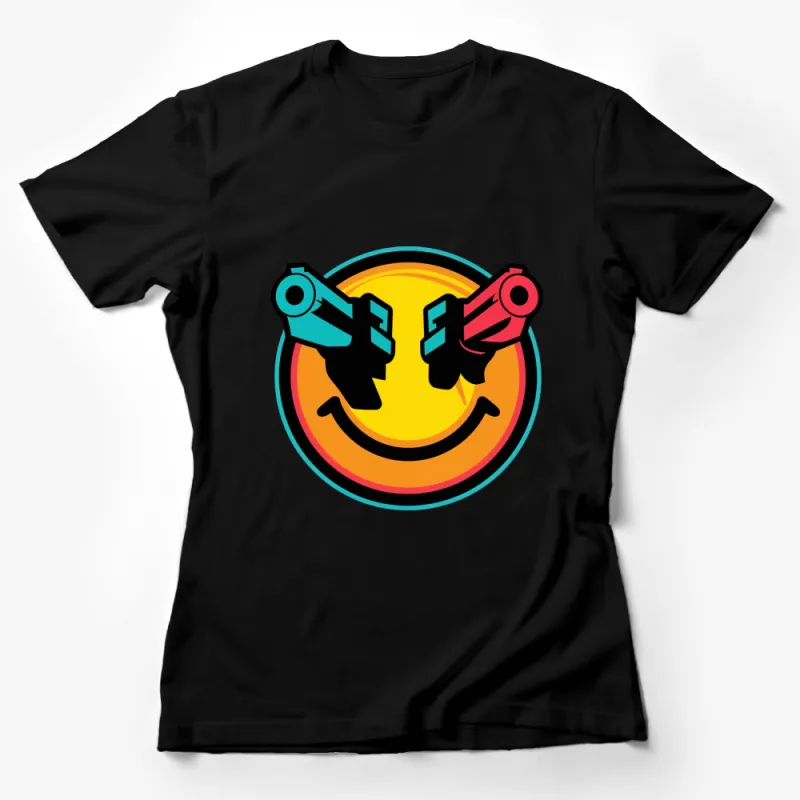 Retro Smile Face with Pistols T-Shirt, Colorful Graphic Tee, Unisex Casual Streetwear, Vintage Inspired Female T-Shirt