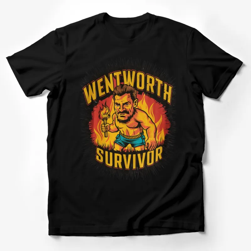 Wentworth Survivor Graphic T-Shirt, Bold Adventure Tee, Vintage Style Flame Design, Unique Gift Male T-Shirt