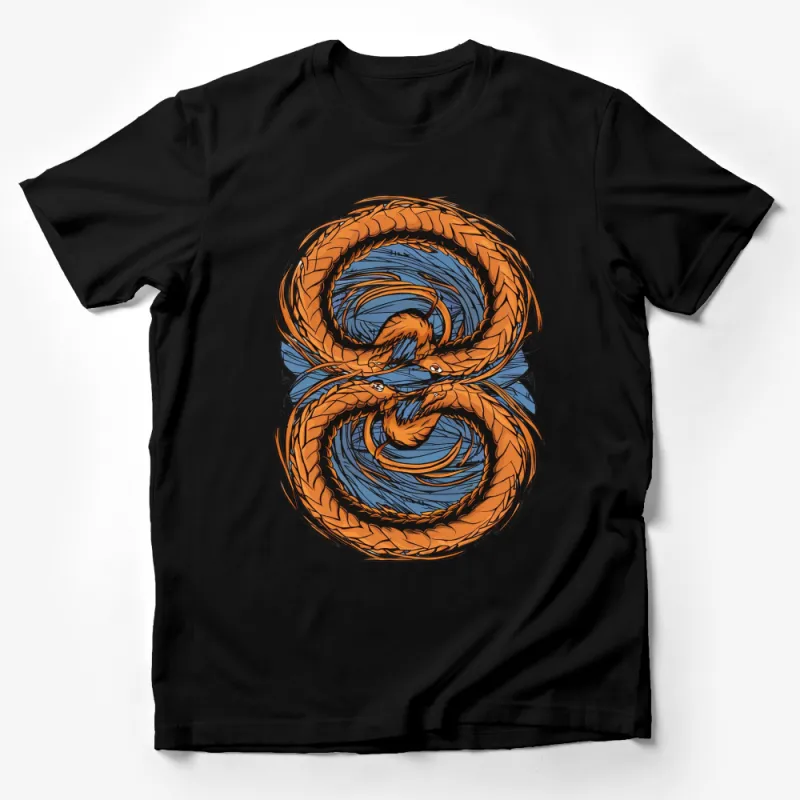 Orange Blue Dragon Infinity Knot Graphic T-Shirt, Unisex Fantasy Tee, Mystical Creature Design Shirt Male T-Shirt