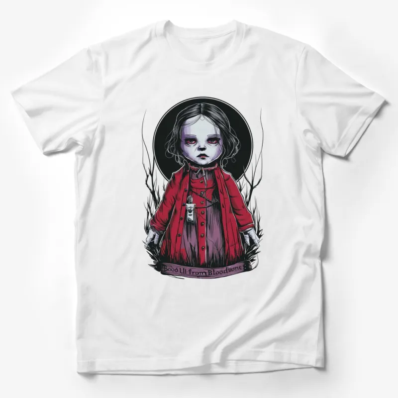 Bloodborne Doll Gothic Art Tee, Horror Game Inspired, Dark Fantasy Character, Red Jacket Design Male T-Shirt