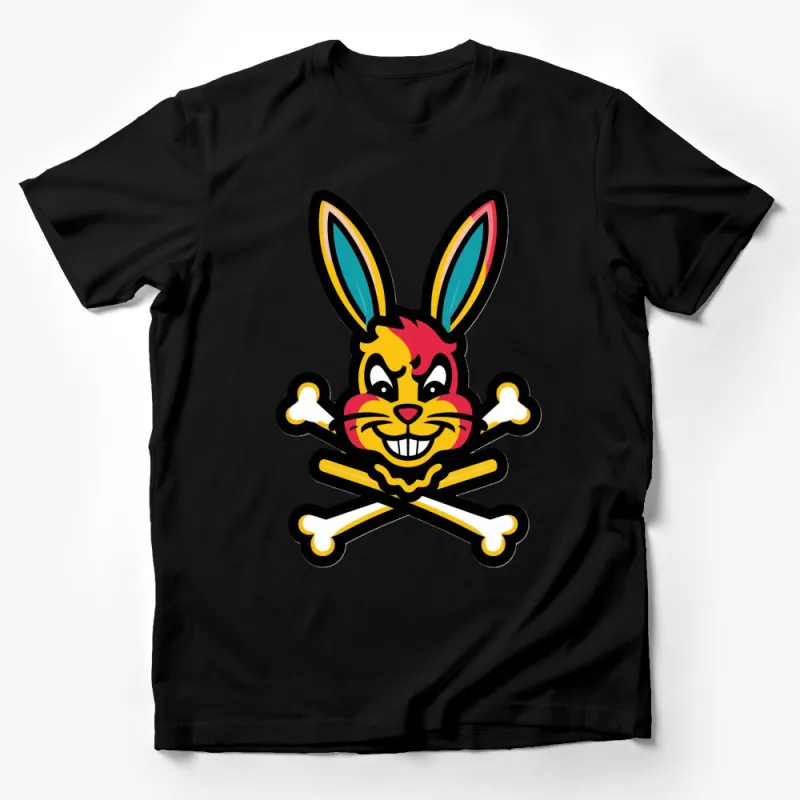 Colorful Rabbit Skull Crossbones Graphic Tee, Unisex Bunny T-Shirt, Vibrant Cartoon Design Male T-Shirt