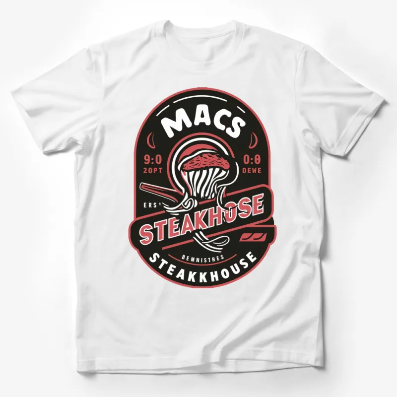 Vintage Mac's Steakhouse Logo T-Shirt, Retro Diner Tee, Graphic Burger Joint Shirt, Foodie Gift Male T-Shirt