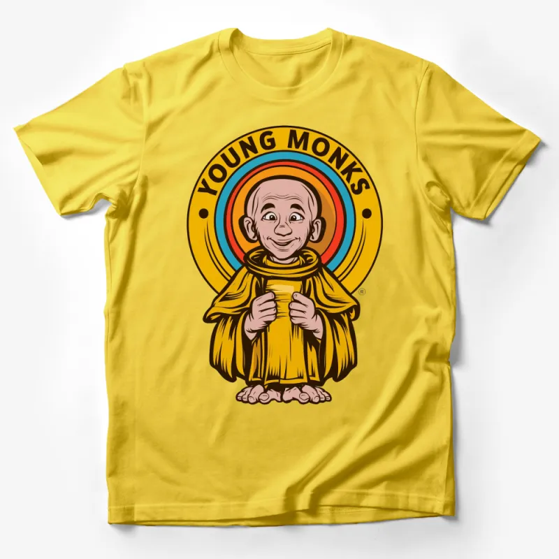 Young Monks Vibrant Monk Illustration T-Shirt, Colorful Spiritual Graphic Tee, Unique Artistic Design Casual Wear Male T-Shirt